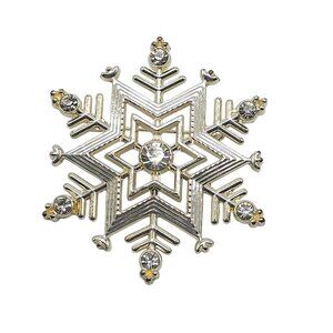 Snowflake Rhinestone Brooch Pin Silver Tone 2 Inch Diameter